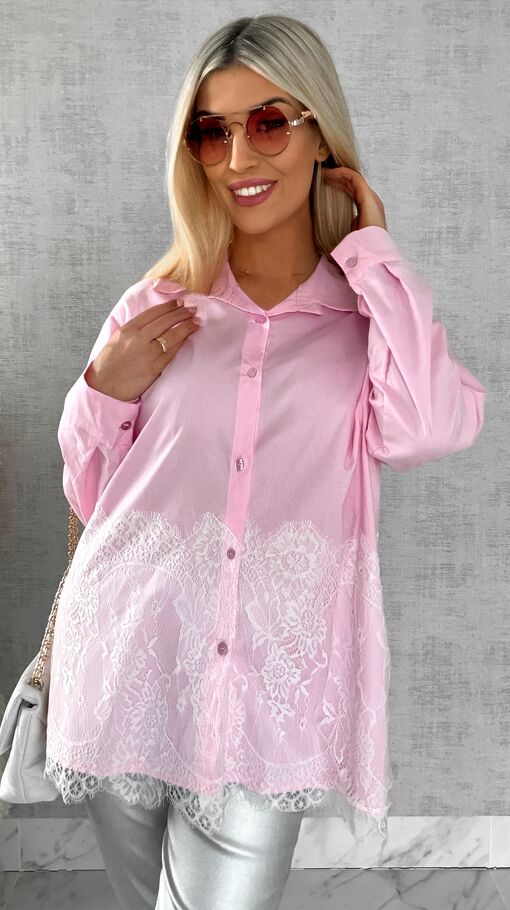 Bawełniana pastelowa koszula z białą koronką ONE SIZE pink - R526A