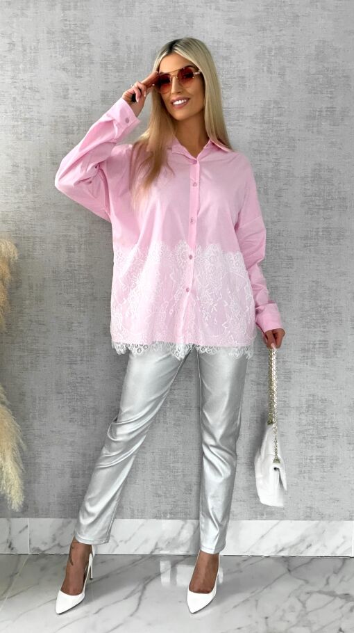 Bawełniana pastelowa koszula z białą koronką ONE SIZE pink - R526A