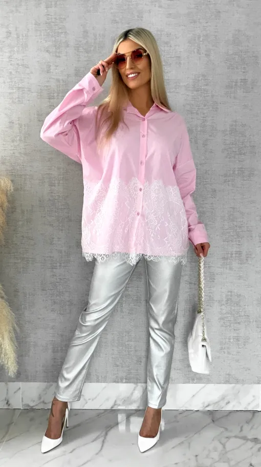 Bawełniana pastelowa koszula z białą koronką ONE SIZE pink - R526A