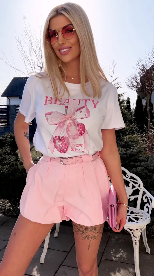 Modne bawełniane spodenki z gumką w pasie i paskiem PINK - R783A