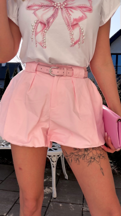 Modne bawełniane spodenki z gumką w pasie i paskiem PINK - R783A