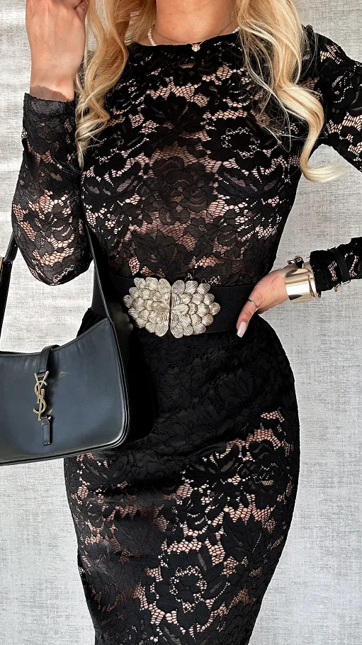 Modna czarna MAXI sukienka koronkowa z rozcięciami - P650