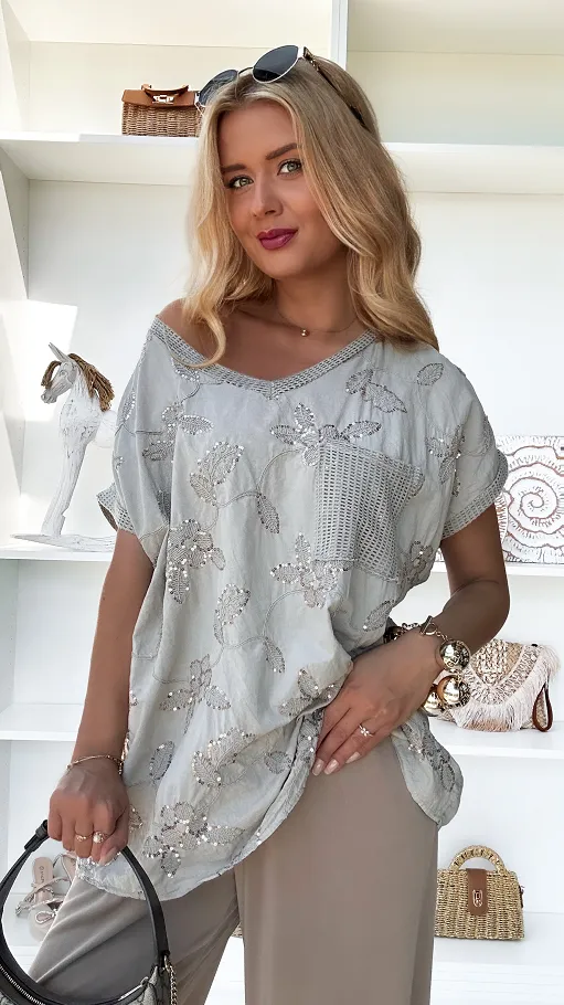Bawełniana bluzka w haftowane cekinowe kwiaty ONE SIZE szaro-beżowa - P914B