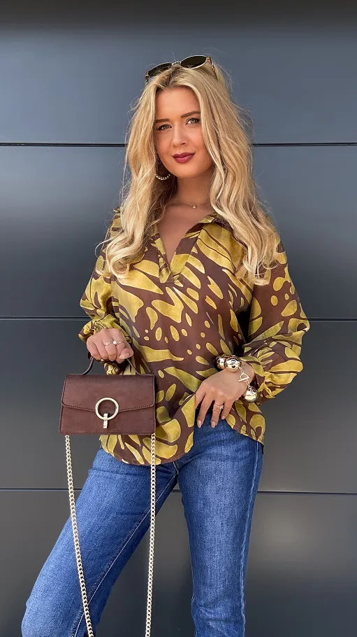 Asymetryczna luźna bluzka z modnym dekoltem ONE SIZE yellow - P982A