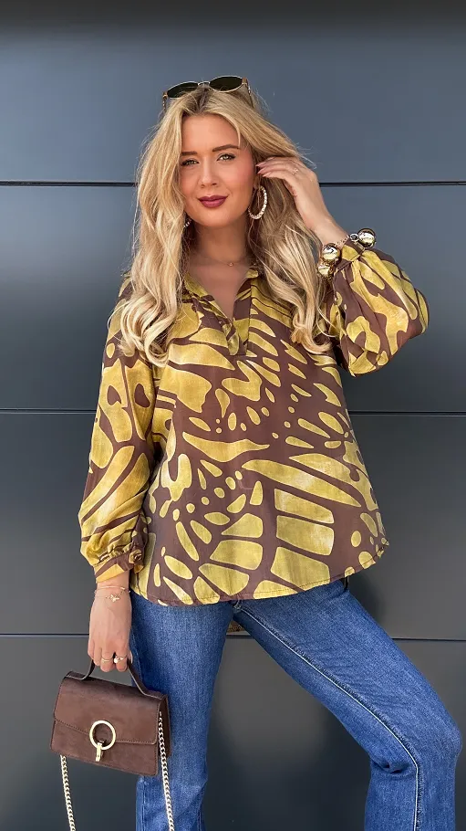 Asymetryczna luźna bluzka z modnym dekoltem ONE SIZE yellow - P982A