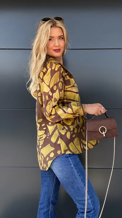 Asymetryczna luźna bluzka z modnym dekoltem ONE SIZE yellow - P982A