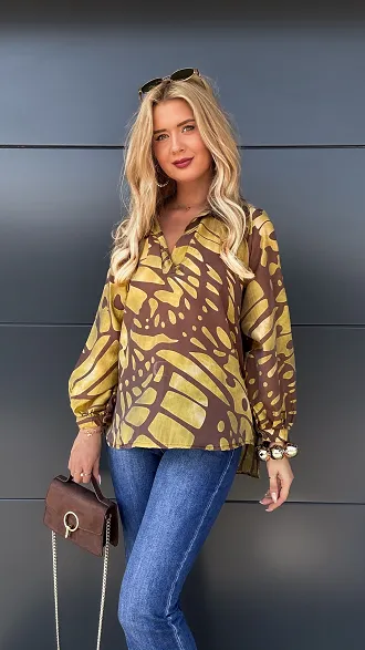Asymetryczna luźna bluzka z modnym dekoltem ONE SIZE yellow - P982A