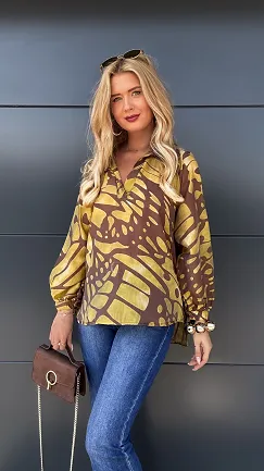 Asymetryczna luźna bluzka z modnym dekoltem ONE SIZE yellow - P982A