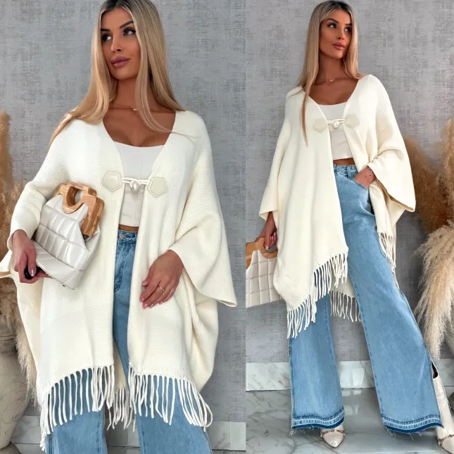 Oryginalne ponczo na wiosnę z frędzlami ONE SIZE ecru - R581
