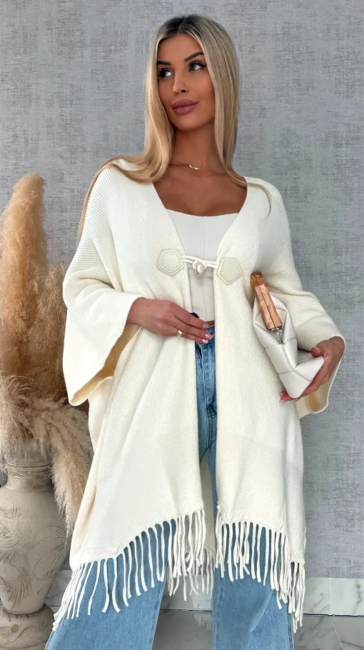 Oryginalne ponczo na wiosnę z frędzlami ONE SIZE ecru - R581