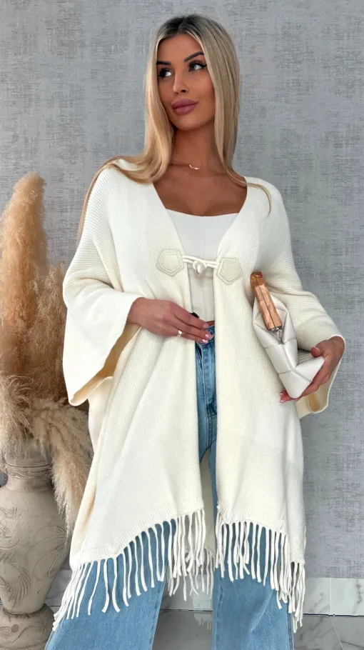 Oryginalne ponczo na wiosnę z frędzlami ONE SIZE ecru - R581