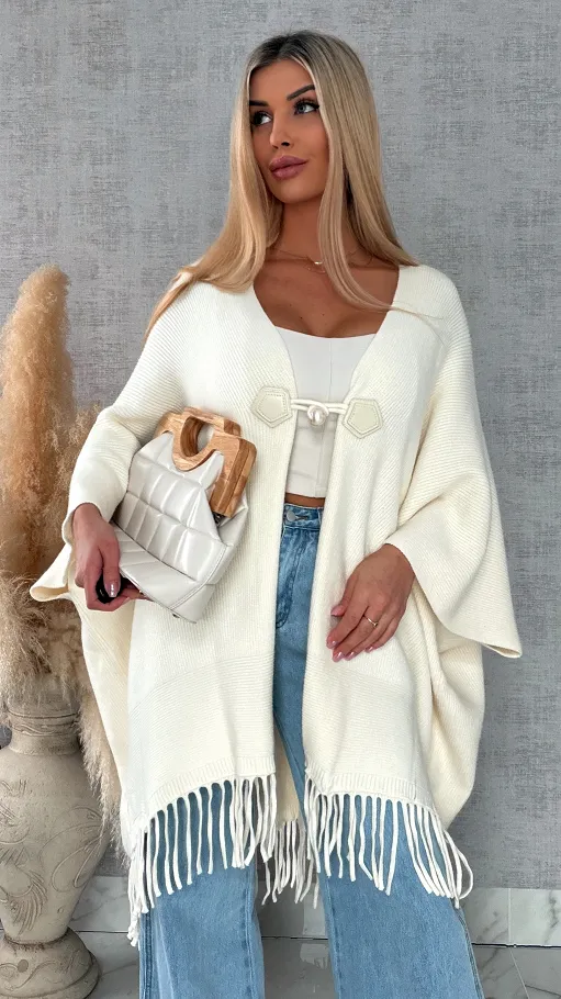 Oryginalne ponczo na wiosnę z frędzlami ONE SIZE ecru - R581