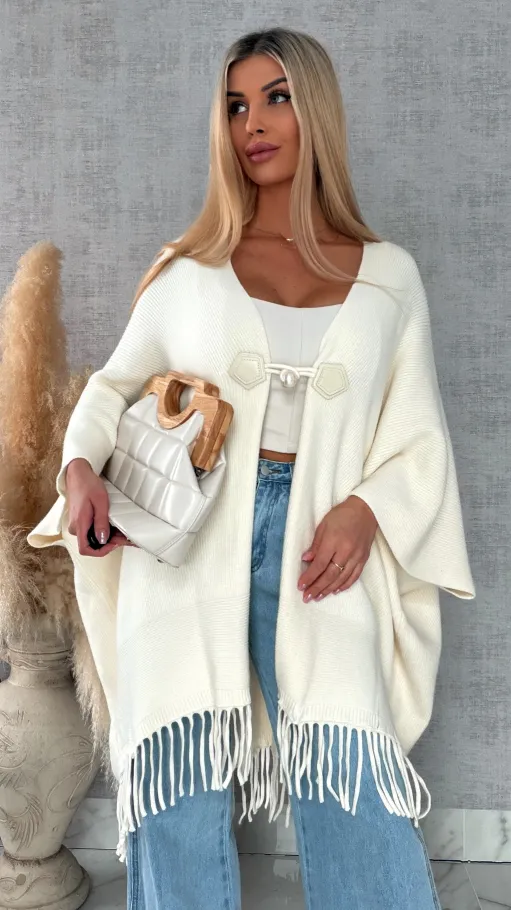 Oryginalne ponczo na wiosnę z frędzlami ONE SIZE ecru - R581