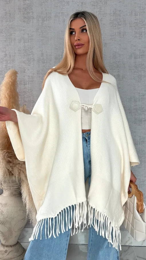 Oryginalne ponczo na wiosnę z frędzlami ONE SIZE ecru - R581