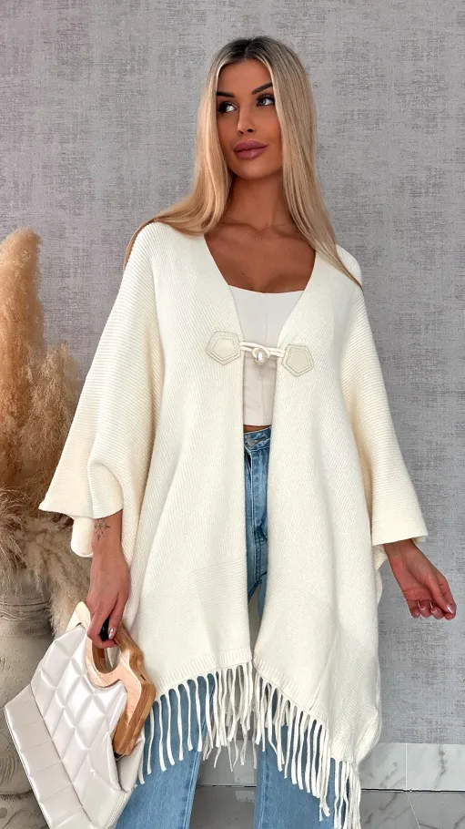 Oryginalne ponczo na wiosnę z frędzlami ONE SIZE ecru - R581