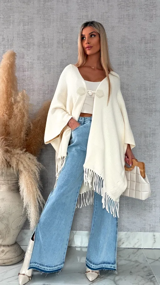 Oryginalne ponczo na wiosnę z frędzlami ONE SIZE ecru - R581