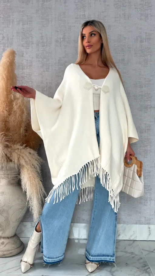 Oryginalne ponczo na wiosnę z frędzlami ONE SIZE ecru - R581
