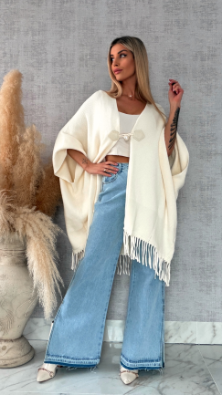 Oryginalne ponczo na wiosnę z frędzlami ONE SIZE ecru - R581