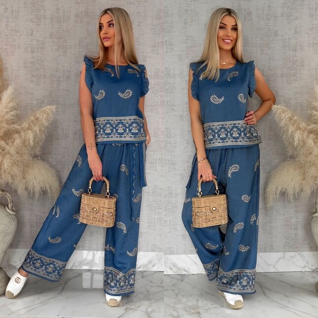 Bawełniany komplet w kolorze jeansu w złote hafty bluzka + spodnie ONE SIZE - R926