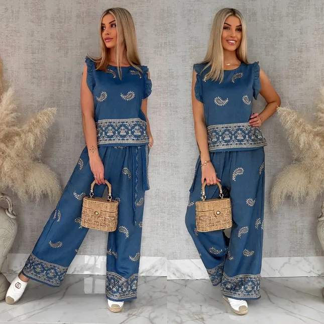 Bawełniany komplet w kolorze jeansu w złote hafty bluzka + spodnie ONE SIZE - R926