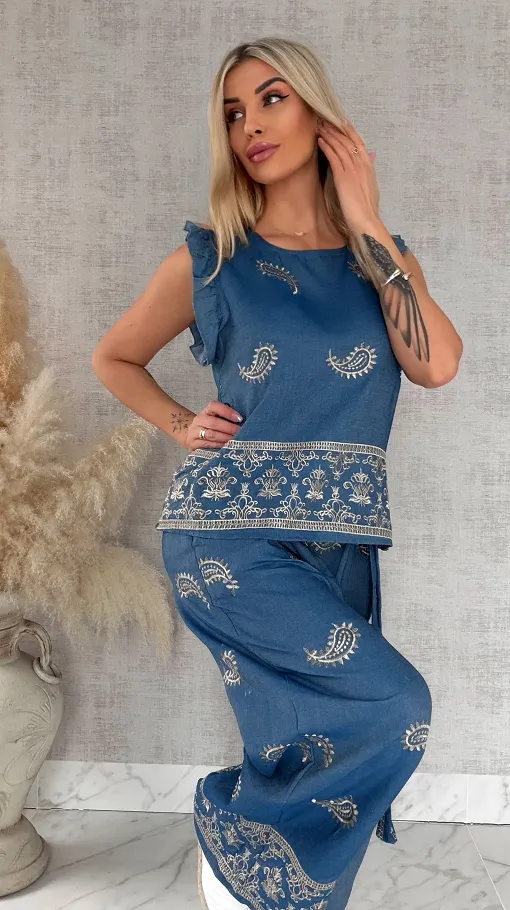 Bawełniany komplet w kolorze jeansu w złote hafty bluzka + spodnie ONE SIZE - R926