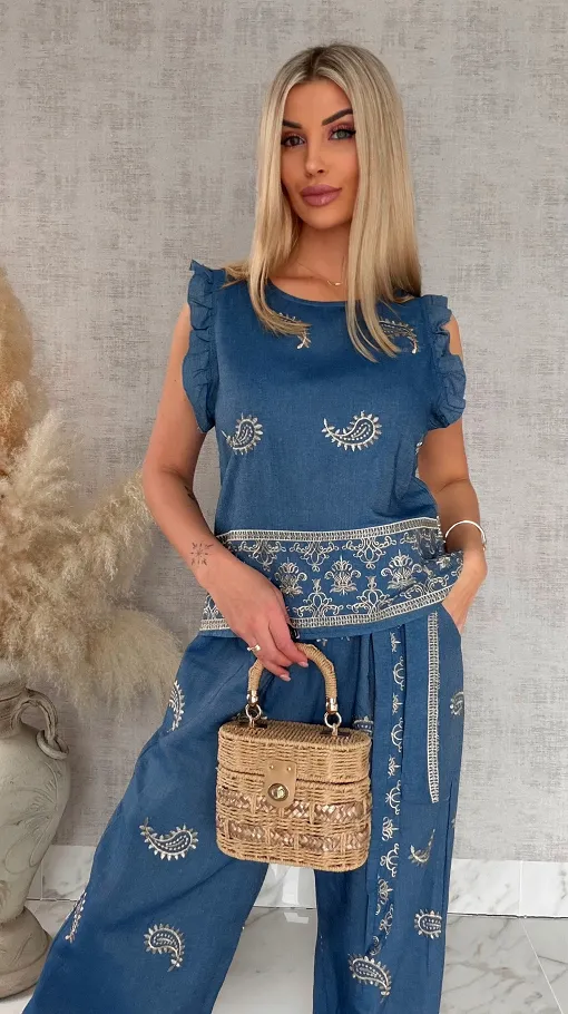 Bawełniany komplet w kolorze jeansu w złote hafty bluzka + spodnie ONE SIZE - R926