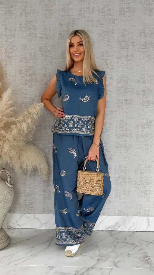 Bawełniany komplet w kolorze jeansu w złote hafty bluzka + spodnie ONE SIZE - R926