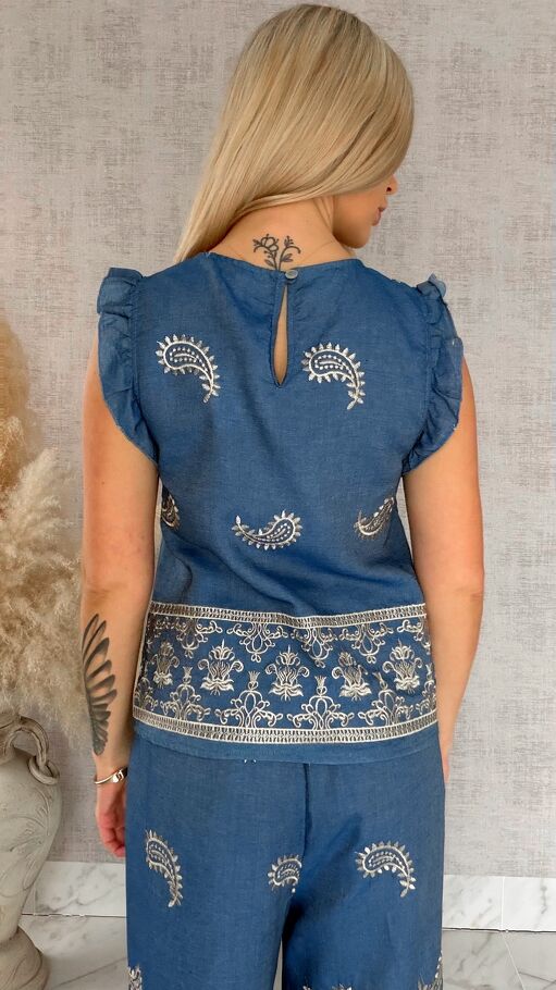 Bawełniany komplet w kolorze jeansu w złote hafty bluzka + spodnie ONE SIZE - R926