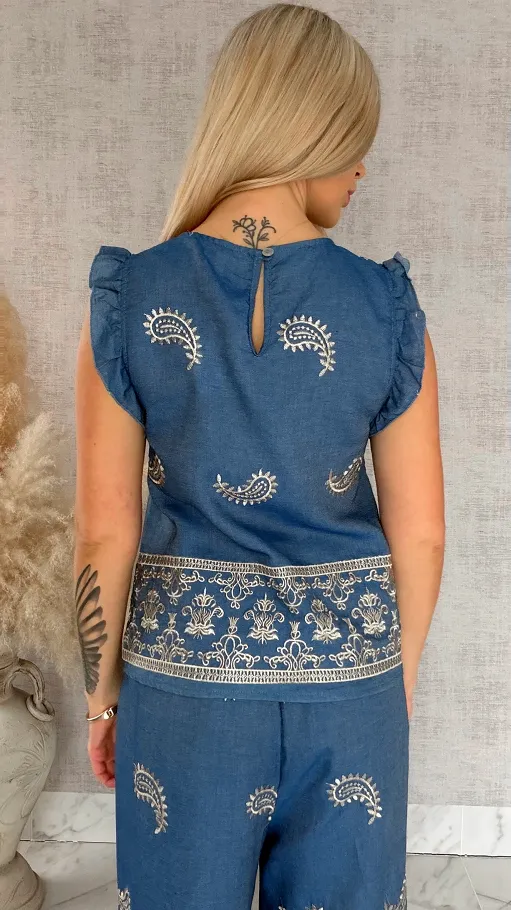 Bawełniany komplet w kolorze jeansu w złote hafty bluzka + spodnie ONE SIZE - R926