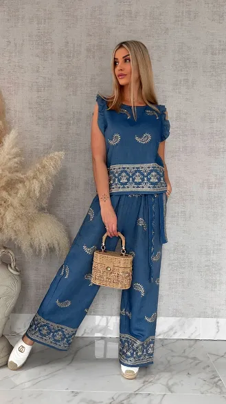 Bawełniany komplet w kolorze jeansu w złote hafty bluzka + spodnie ONE SIZE - R926