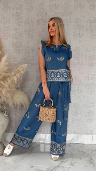 Bawełniany komplet w kolorze jeansu w złote hafty bluzka + spodnie ONE SIZE - R926