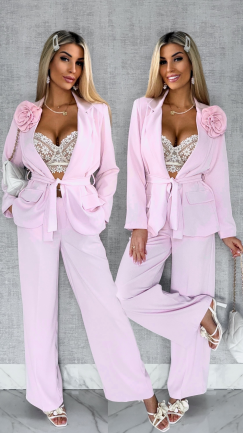 Elegancki różowy komplet z broszką żakiet + spodnie - R547A