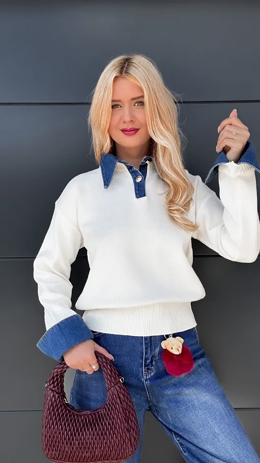 Idealny sweter z jeansowymi wstawkami ONE SIZE ecru - P950A