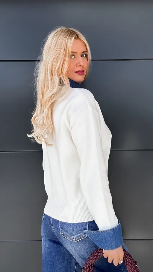 Idealny sweter z jeansowymi wstawkami ONE SIZE ecru - P950A