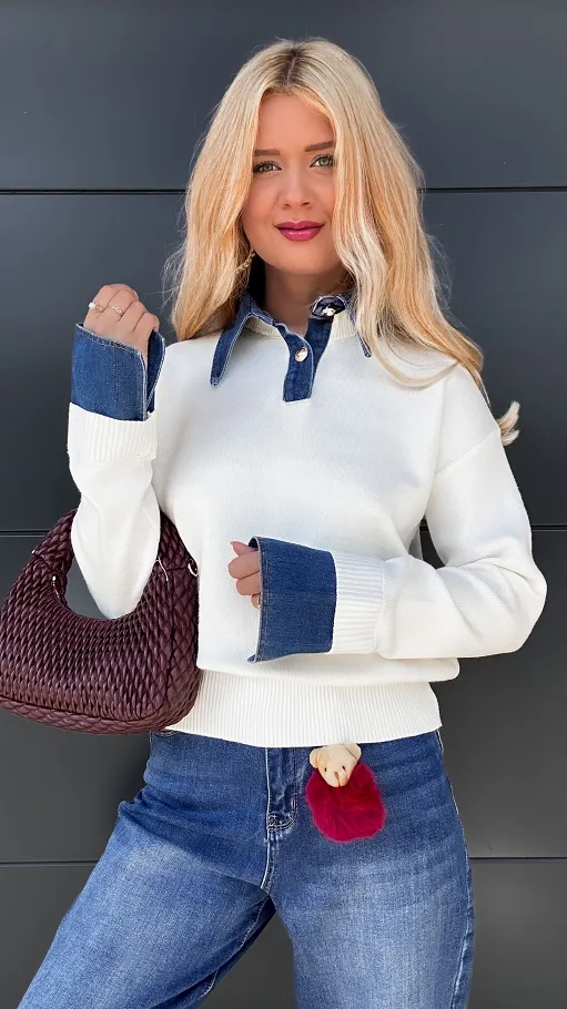 Idealny sweter z jeansowymi wstawkami ONE SIZE ecru - P950A