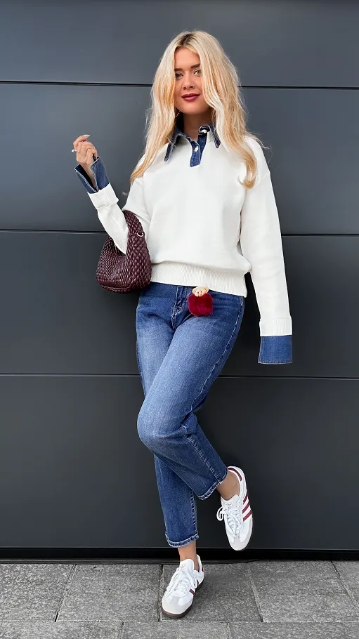 Idealny sweter z jeansowymi wstawkami ONE SIZE ecru - P950A