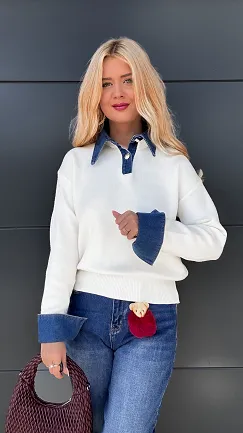 Idealny sweter z jeansowymi wstawkami ONE SIZE ecru - P950A