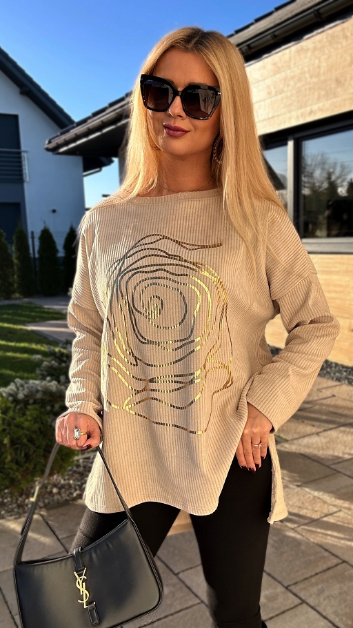 Asymetryczna luźna beżowa bluza OVERSIZE złoty kwiat - N896