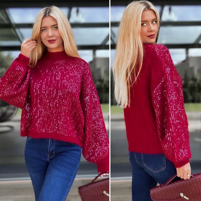 Bordowy sweter zdobiony cekinami ONE SIZE - R112A