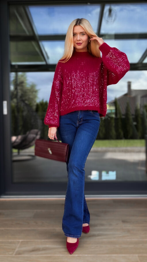 Bordowy sweter zdobiony cekinami ONE SIZE - R112A