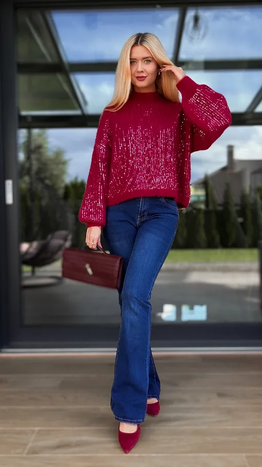Bordowy sweter zdobiony cekinami ONE SIZE - R112A
