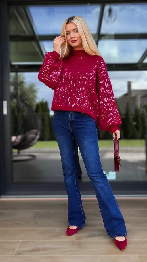 Bordowy sweter zdobiony cekinami ONE SIZE - R112A