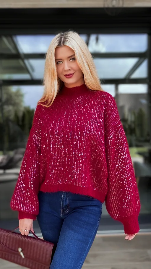 Bordowy sweter zdobiony cekinami ONE SIZE - R112A