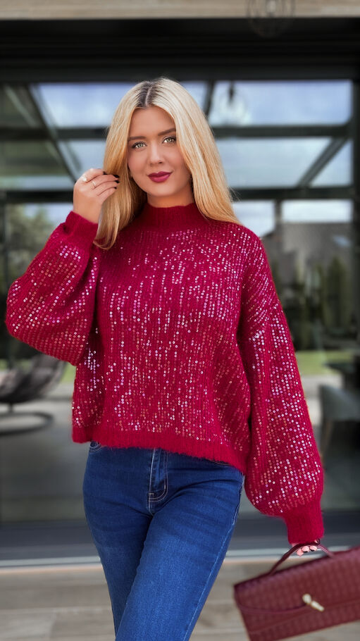 Bordowy sweter zdobiony cekinami ONE SIZE - R112A