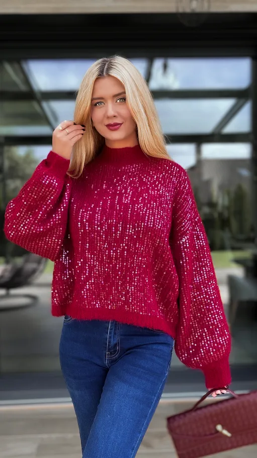 Bordowy sweter zdobiony cekinami ONE SIZE - R112A