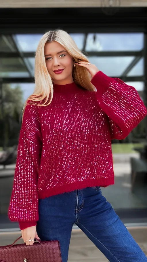 Bordowy sweter zdobiony cekinami ONE SIZE - R112A