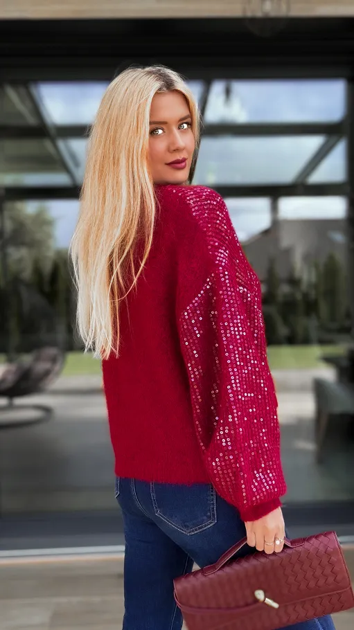 Bordowy sweter zdobiony cekinami ONE SIZE - R112A