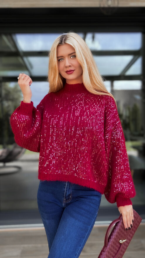 Bordowy sweter zdobiony cekinami ONE SIZE - R112A