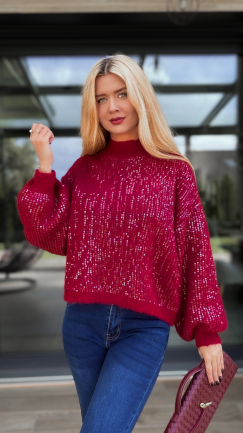 Bordowy sweter zdobiony cekinami ONE SIZE - R112A