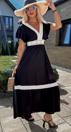MAXI czarna sukienka PREMIUM z wiskozy z jasną koronką ONE SIZE - N302